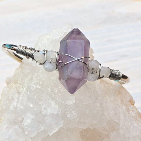 Amethyst & Moonstone Wire Wrap Cuff – 925 Over Copper – Intuition & Clarity - Picture 3 of 12